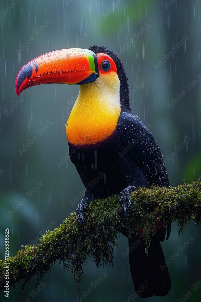 Obraz premium A Vibrant Toucan Perched On A Mossy Branch In The Rain