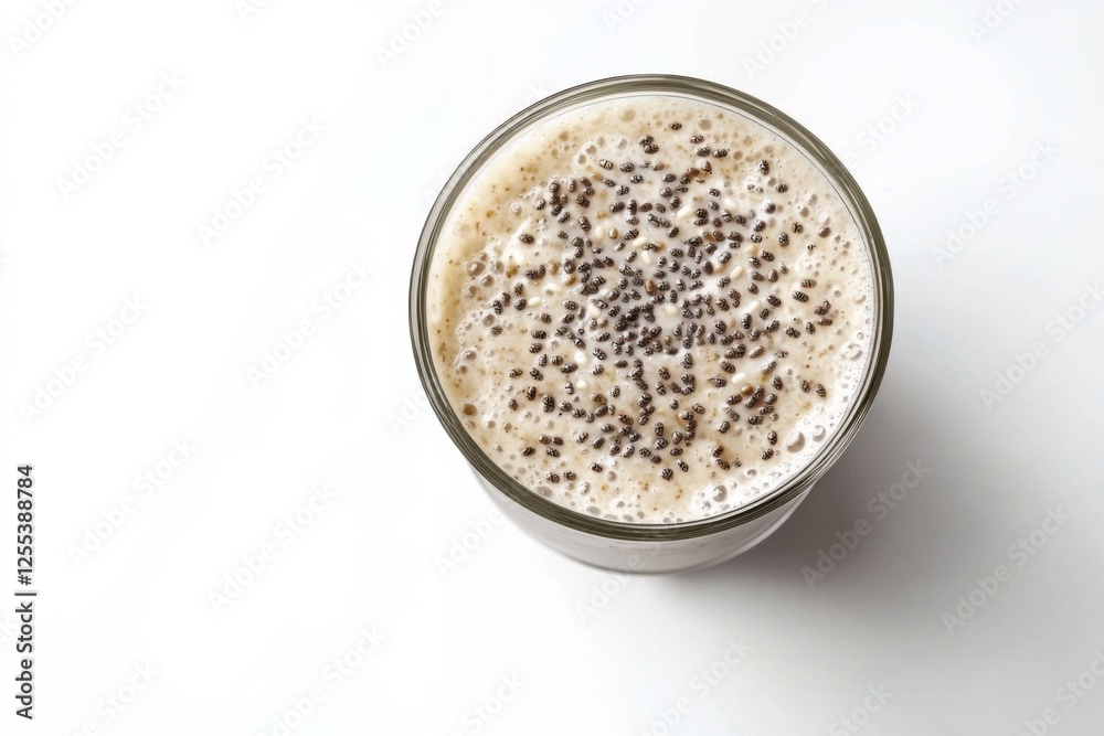 Chia seed protein pudding drink, minimalist style, white and neutral colors, healthy nutrition concept Chia seed protein pudding drink, minimalist style, white and neutral colors, healthy nutrition concept