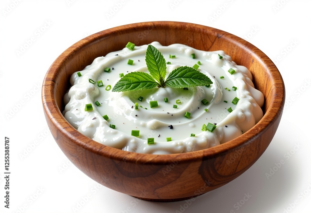 Delicious Tzatziki Sauce: Creamy Greek Dip in Wooden Bowl on Pure White Background, Ideal for Food Blogs & Mediterranean Cuisine

