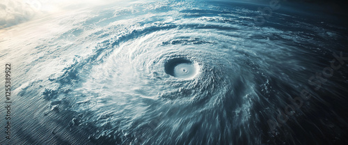 Aerial view of a massive hurricane swirling over the ocean, highlighting the dynamic energy of storm systems and natural forces at their most intense. photo