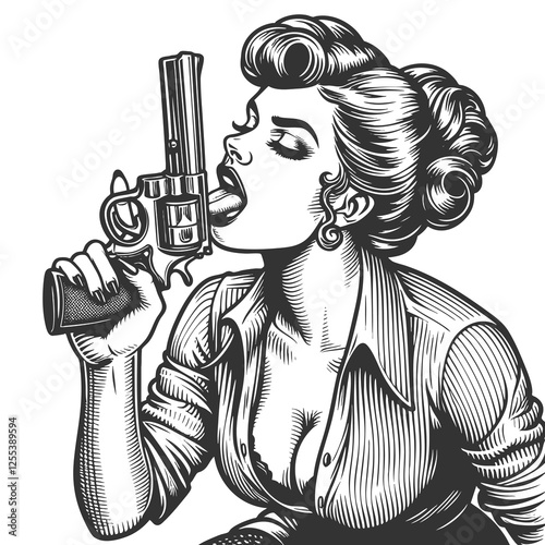 pin-up style woman provocatively licking a revolver, blending retro aesthetics with edgy, dark themes sketch engraving generative ai fictional character raster illustration. Black and white image. photo