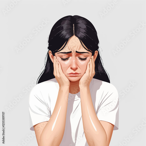 Young woman crying with hands on face, exhausted, stressed and negative emotional concept.vector illustration	
