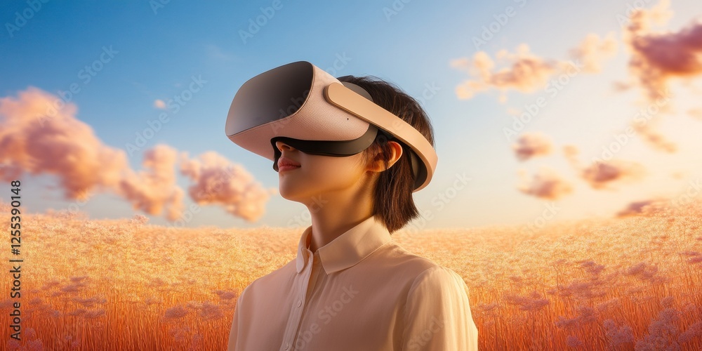 Obraz premium Futuristic VR Engagement Young Adult with Cutting-Edge VR Headset in Lush Landscape Immersive Learning for Modern Education and Skill Development