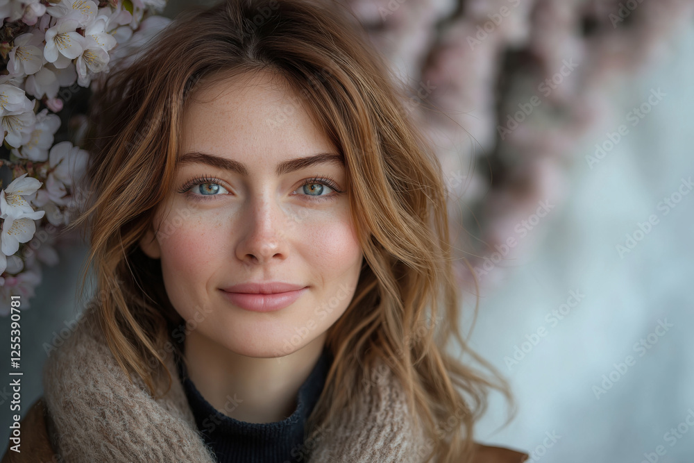 A beautiful, well-groomed woman of 25 years of European appearance smiles in the spring on the street on the left. Advertising banner for International Women's Day.