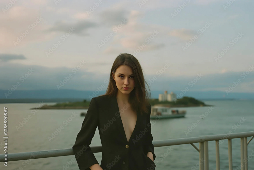 A young Caucasian woman , brown hair, wearing a black blazer with a deep neckline, standing by a railing. The background features a body of water with a boat A young Caucasian woman , brown hair, wearing a black blazer with a deep neckline, standing by a railing. The background features a body of water with a boat