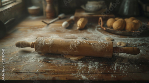 Rolling Pin Resting on Flattened Dough: A rolling pin lying on a sheet of dough, ready to be shaped for baking, capturing the essence of pastry art.