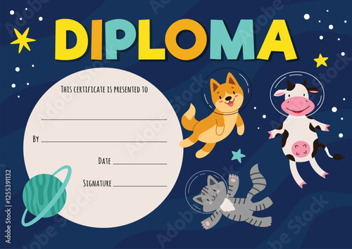 Kids diploma certificate with animals astronauts in open space with stars and planets. Template for achievement rewards. Vector cartoon illustration