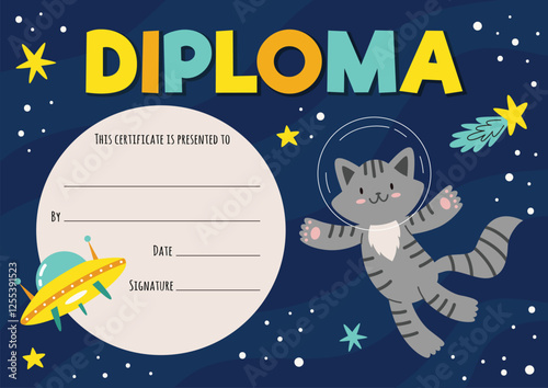 Kids diploma certificate with animals astronauts in open space with stars and planets. Template for achievement rewards. Vector cartoon illustration