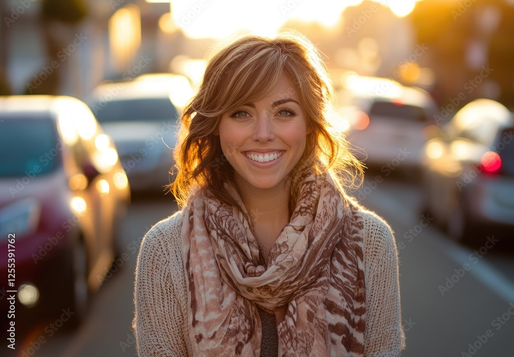 Obraz premium portrait of beautiful woman smiling and touching her hair wearing cardigan with pattern scarf walking on street in city