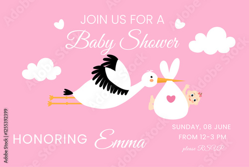 Baby Shower Invitation Template. It's a girl. Cute vector invitation featuring a stork carrying a baby in a bundle, clouds, and elegant typography. Template for party invitation, poster, greeting card