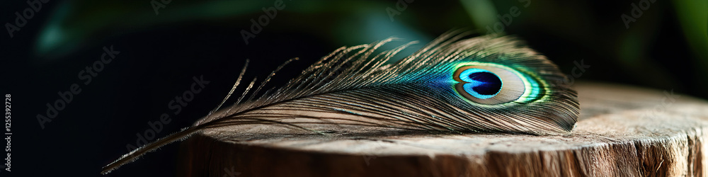 Fototapeta premium Peacock Feather on Wooden Stump