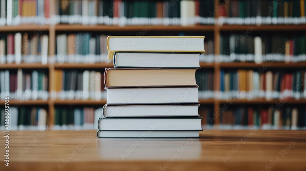 Stacked Books On Wooden Table In Library Stacked Books On Wooden Table In Library