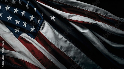 Black and White American Flag Waving on Black Background - USA Flag Isolated