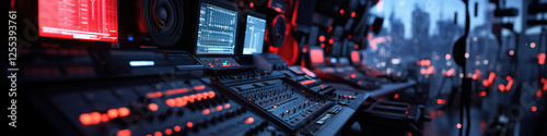 Professional Audio Mixing Console with Computer Screens and Cityscape Background