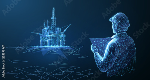 Engineer and oil rig. Abstract 3d floating rig platform on blue