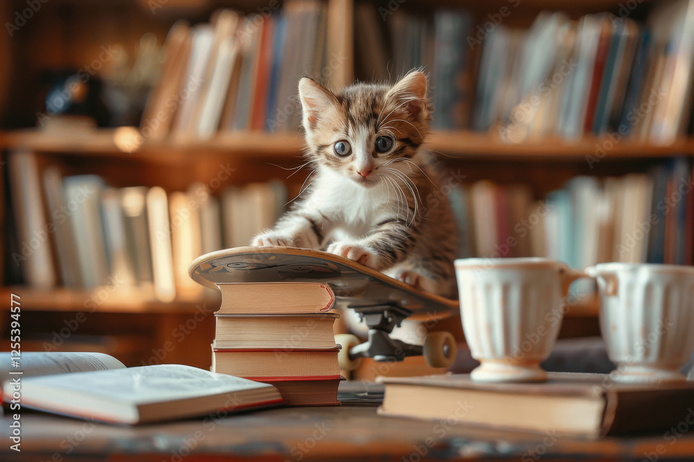Little cat on a skateboard with stack of books Little cat on a skateboard with stack of books