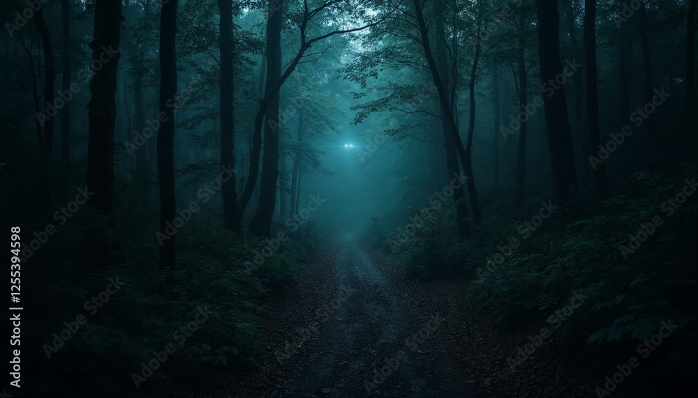 Obraz premium Eerie path through dense forest shrouded in fog with distant light