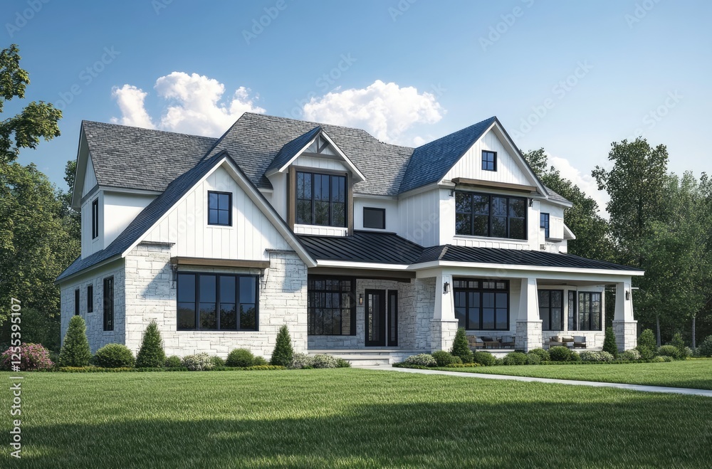 A white stone and wood modern farmhouse with a dark roof, tan accents, large windows A white stone and wood modern farmhouse with a dark roof, tan accents, large windows