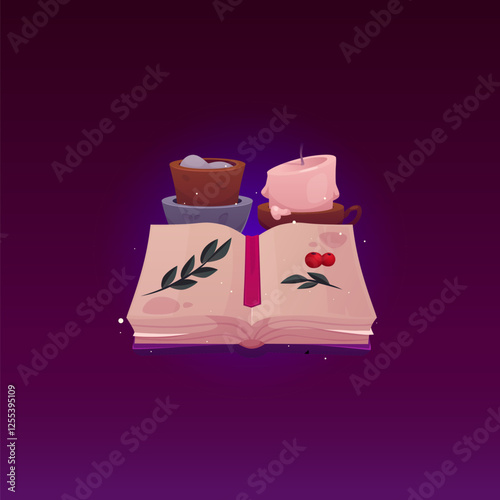 Open book manual with plants and berries, herbal guide, candle and utensil, organic ingredients, homeopathy library