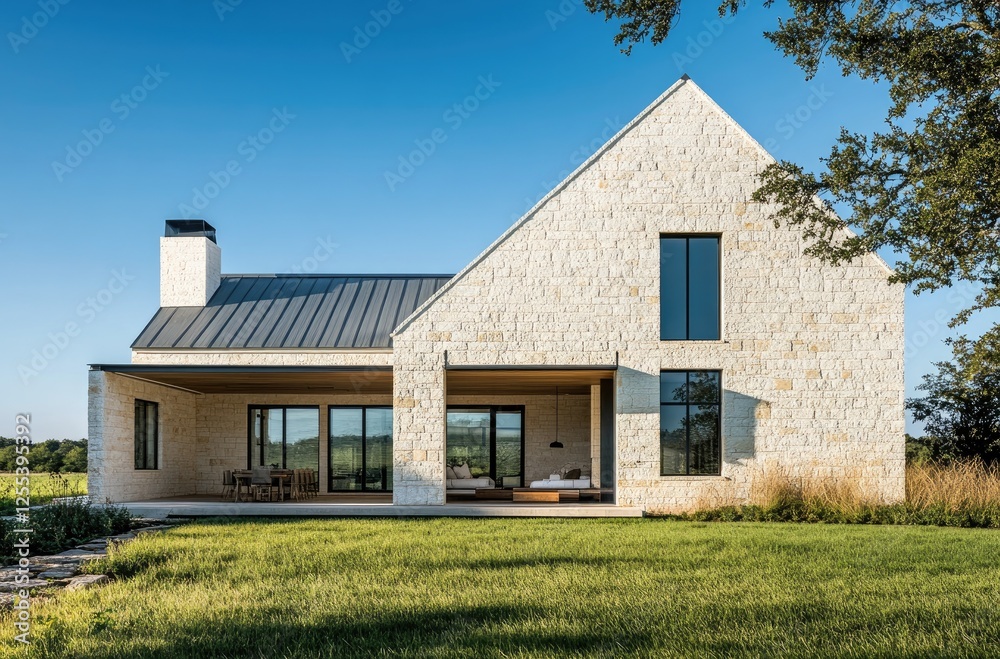 A white stone and wood modern farmhouse with a dark roof, tan accents, large windows A white stone and wood modern farmhouse with a dark roof, tan accents, large windows