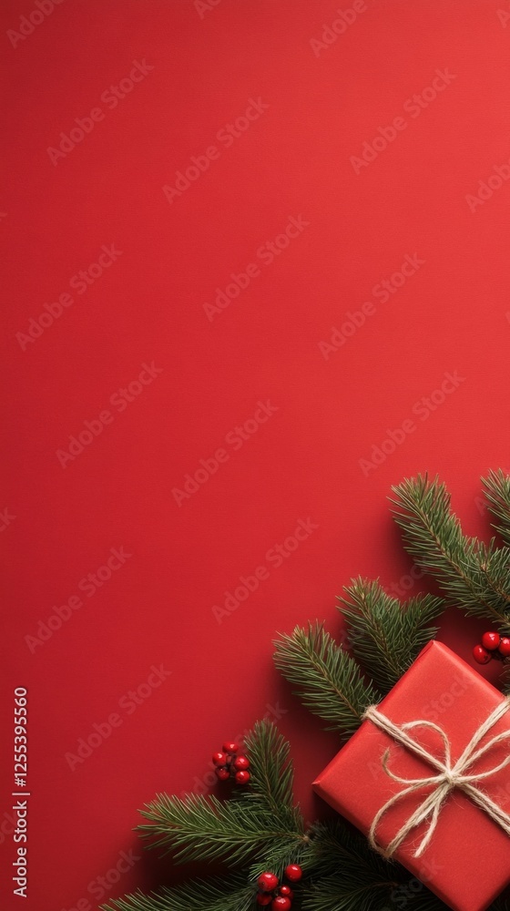Rustic Holiday Packaging Cardboard Gift Box with Twine on Red and Green Background - Eco-Friendly Celebration and Sustainable Holiday Marketing