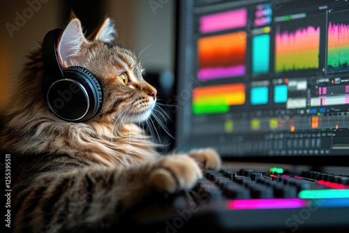 Cat wearing headphones focused on audio editing at the computer desk in a modern workspace