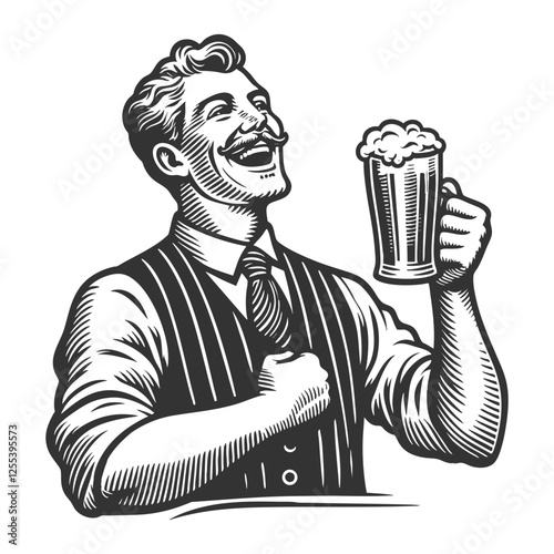 Gentleman Enjoying Beer engraving vector