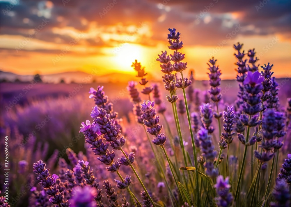 Fototapeta premium Lavender fields ablaze, sun dips low, painting a serene horizon. Macro photography captures the tranquil sunset.