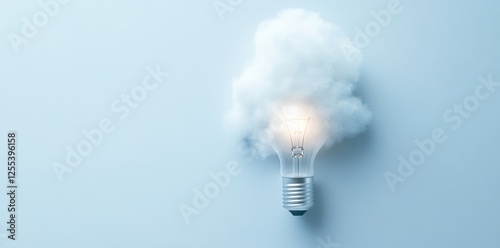 Concept of a light bulb-like rocket with a cloud on a white background, a flat lay banner for the idea and creativity concept, with a text area for copy space, with copy space