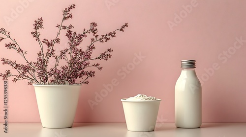 Elegant still life featuring milk cream and floral arrangement photo