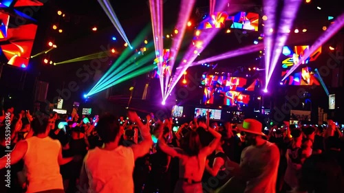 Energetic Concert Crowd Illuminated by Vivid Laser Lights and Colorful Displays