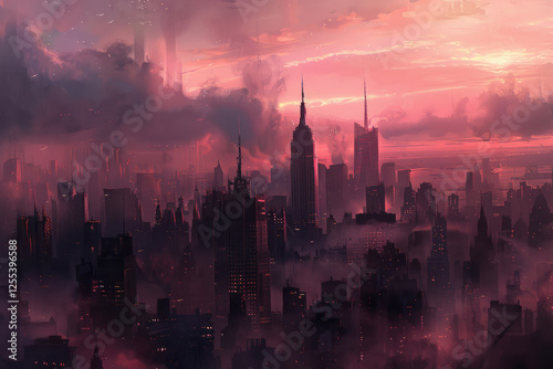 An industrial city with skyscrapers at dawn