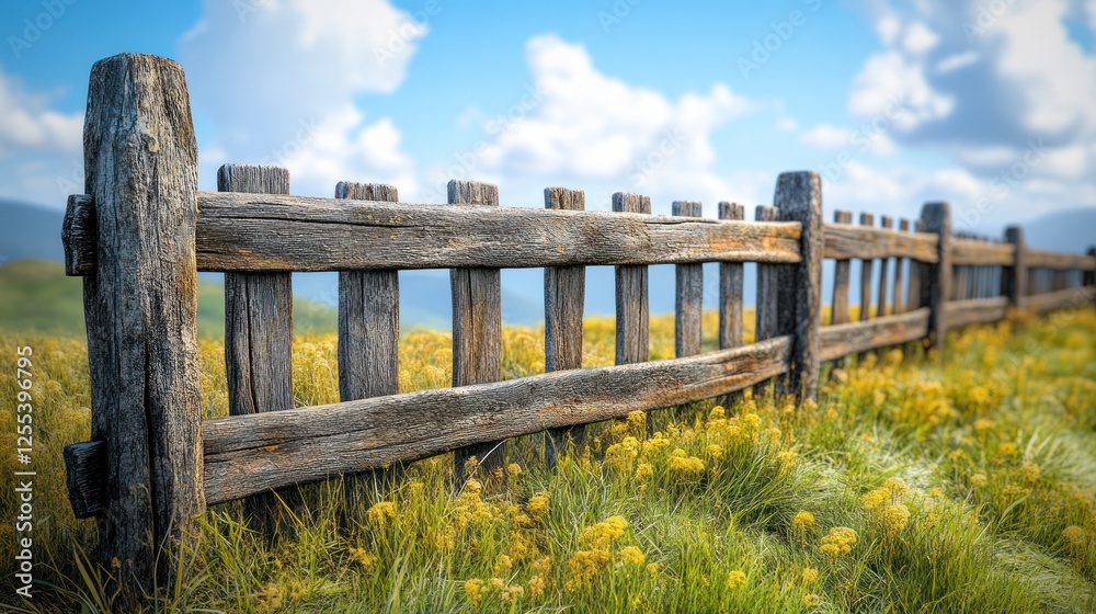 Rustic fence, mountain meadow, sunny day, idyllic landscape, pastoral scene Rustic fence, mountain meadow, sunny day, idyllic landscape, pastoral scene