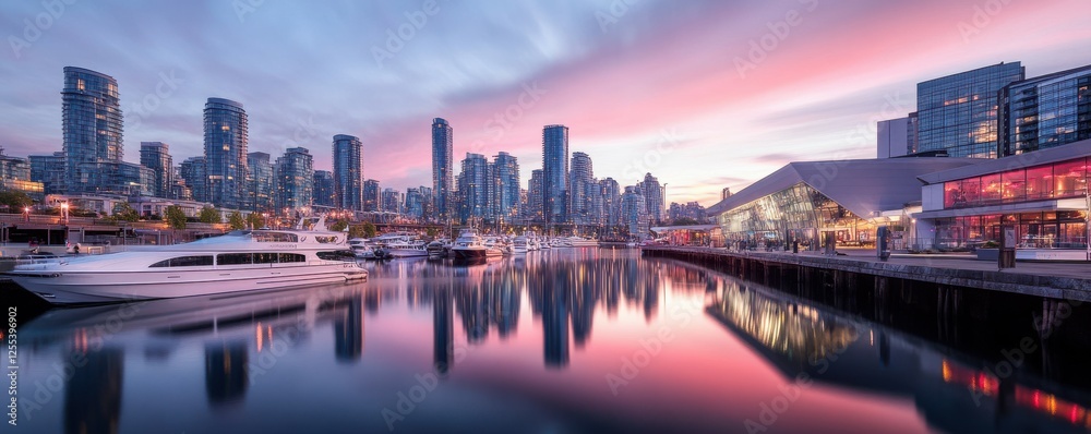 Fototapeta premium Twilight reflections of city skyline and marina in vancouver harbor