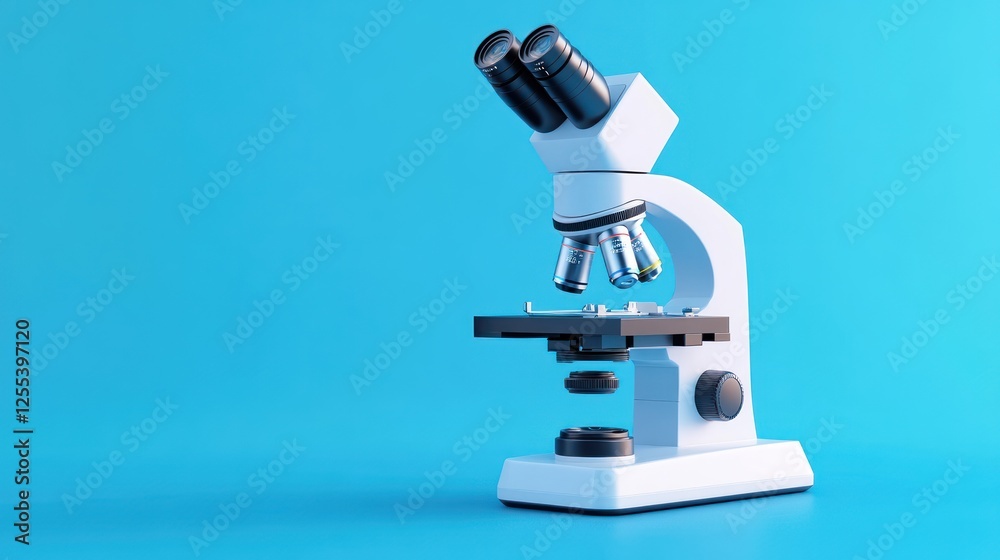 Digital illustration of a modern microscope on a blue background, with copy space for text or design. This represents a modern medical laboratory concept Digital illustration of a modern microscope on a blue background, with copy space for text or design. This represents a modern medical laboratory concept
