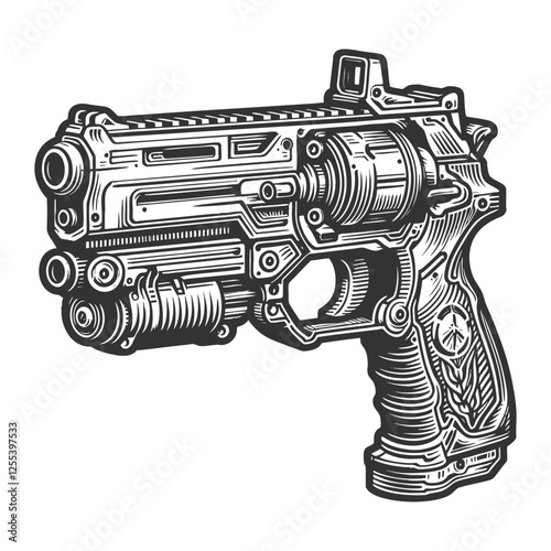 Ornate Steampunk Revolver engraving vector