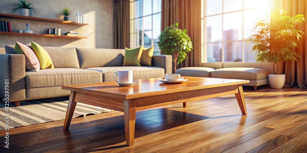Modern wooden coffee table, 3D rendered, in a blurry lounge setting, showcasing contemporary interior design. Modern wooden coffee table, 3D rendered, in a blurry lounge setting, showcasing contemporary interior design.