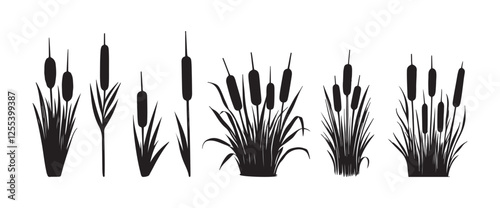 Cattail reeds - a set of silhouette drawings isolated on a white background. Vector icons illustration .Set of simple silhouettes of Bulrush or reed or cattail or typha leaves in black isolated 