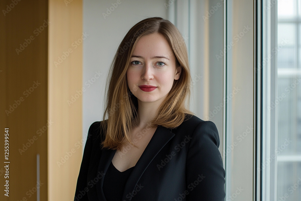 Professional woman in business attire near window Professional woman in business attire near window