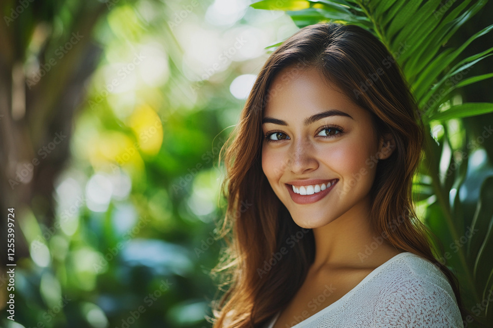 Fototapeta premium Smiling woman with natural backdrop in bright sunlight