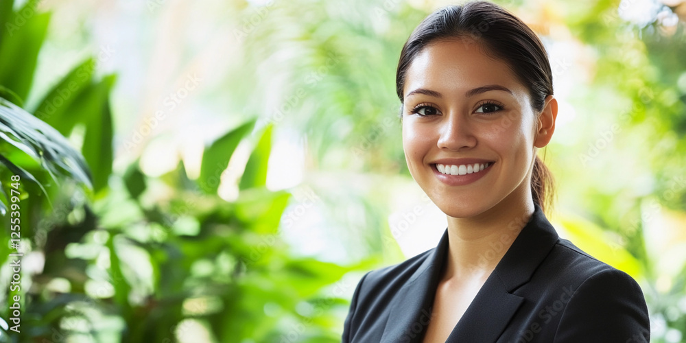 Professional woman smiling in a lush green environment Professional woman smiling in a lush green environment