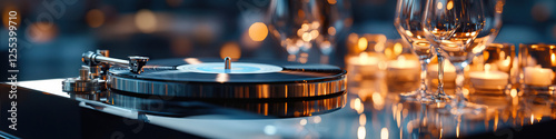 Turntable, Wine Glasses, and Candles on Reflective Surface