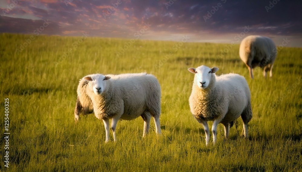 Fototapeta premium A charming sight of fluffy sheep scattered across a serene meadow, enjoying the fresh grass