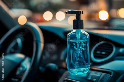 Alcohol gel sanitizer in a car for safe driving post-pandemic photo