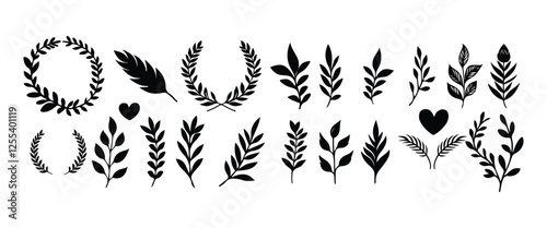 Set of leaves silhouette of beautiful plants, leaves, plant design. Vector illustration .Minimal feminine botanical floral branch in silhouette style. Hand drawn wedding herb, minimalistic flowers 