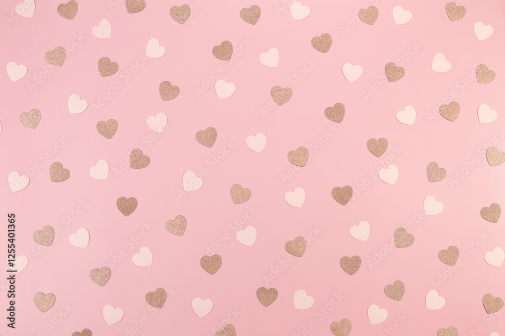 Top view of pink glitter hearts on pink background. Valentine's day, pink glitter hearts, love wallpaper. Flat lay, copy space. Top view of pink glitter hearts on pink background. Valentine's day, pink glitter hearts, love wallpaper. Flat lay, copy space.