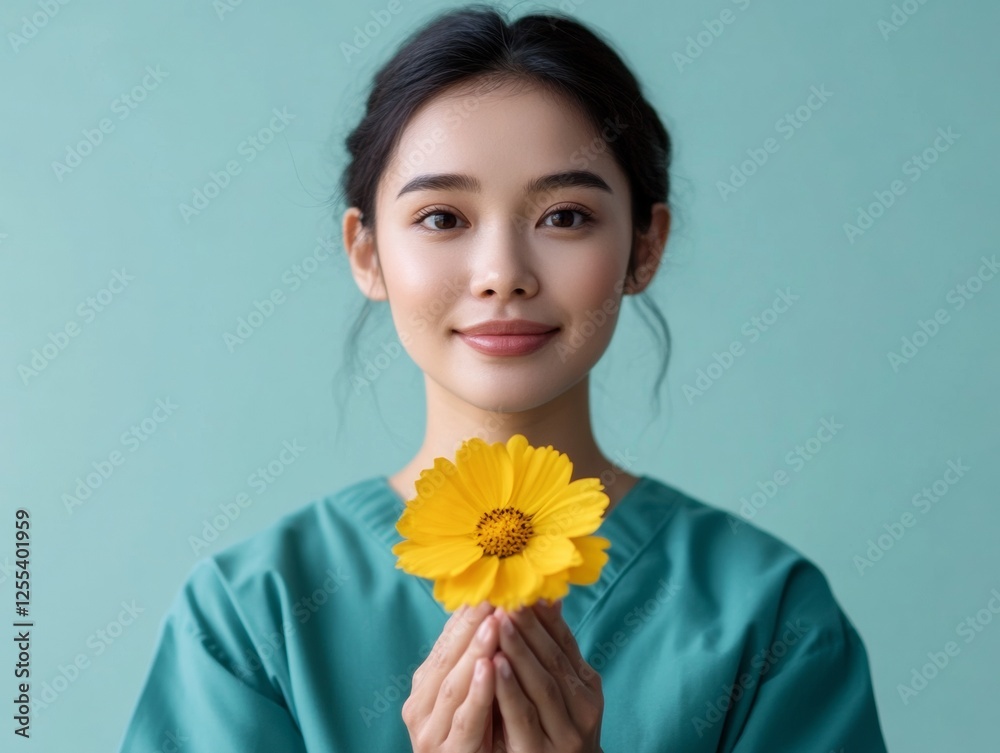 Vibrant Healthcare Imagery Young Asian Female Doctor with Bright Yellow Flower in Hospital - Empowering Modern Medical Campaigns and Compassionate Care Content Vibrant Healthcare Imagery Young Asian Female Doctor with Bright Yellow Flower in Hospital - Empowering Modern Medical Campaigns and Compassionate Care Content