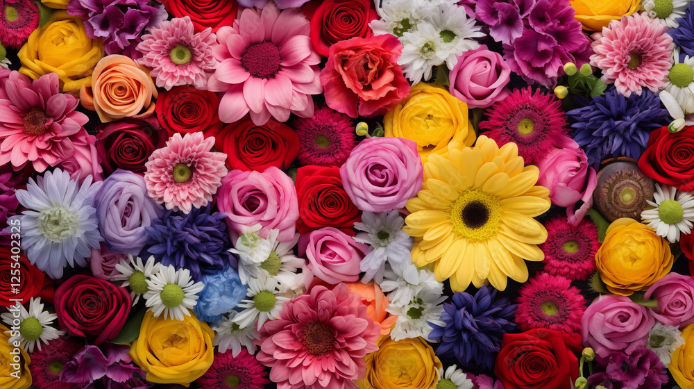Fototapeta premium Arrière-plan rempli de fleurs colorées. Ambiance printanière, jolies fleurs. Plantes. Bouquet, floral. Printemps, été. Pour conception et création graphique.
