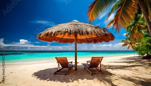 Fototapeta Naklejka Na Ścianę i Meble -  Tropical Caribbean beach with wooden chairs and a straw umbrella under a blue sky