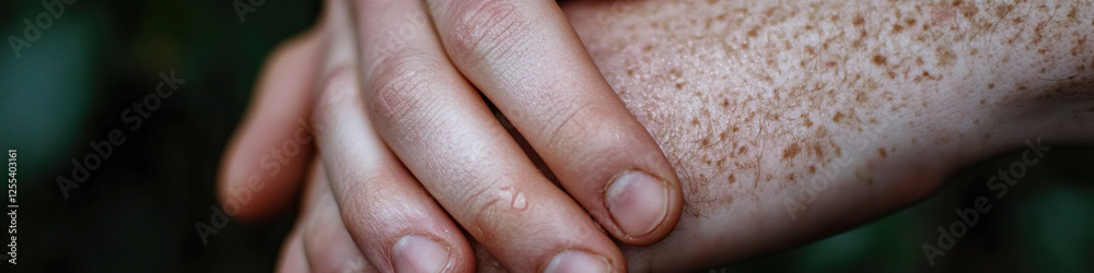 Fototapeta premium Close-up of Freckled Hands Clasped Together